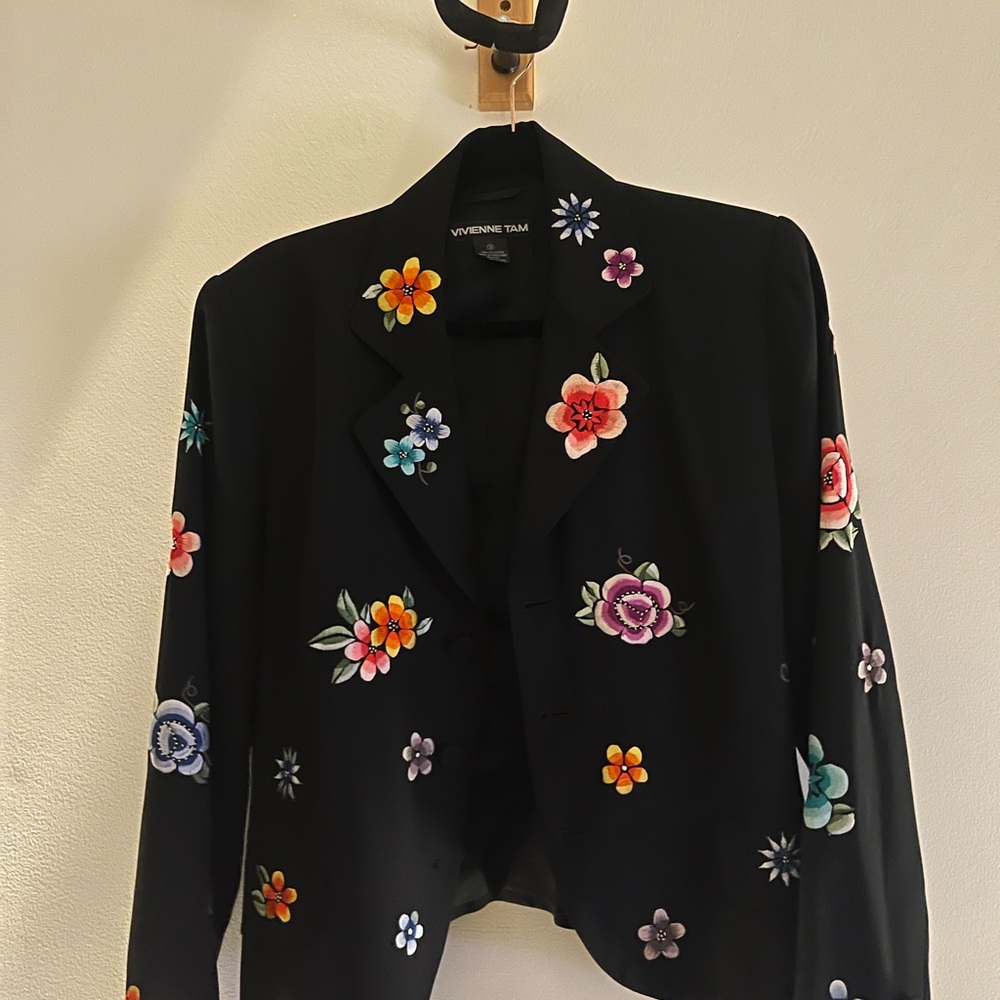 Vivienne Tam Black Jacket with Multicolor Floral Embroidery